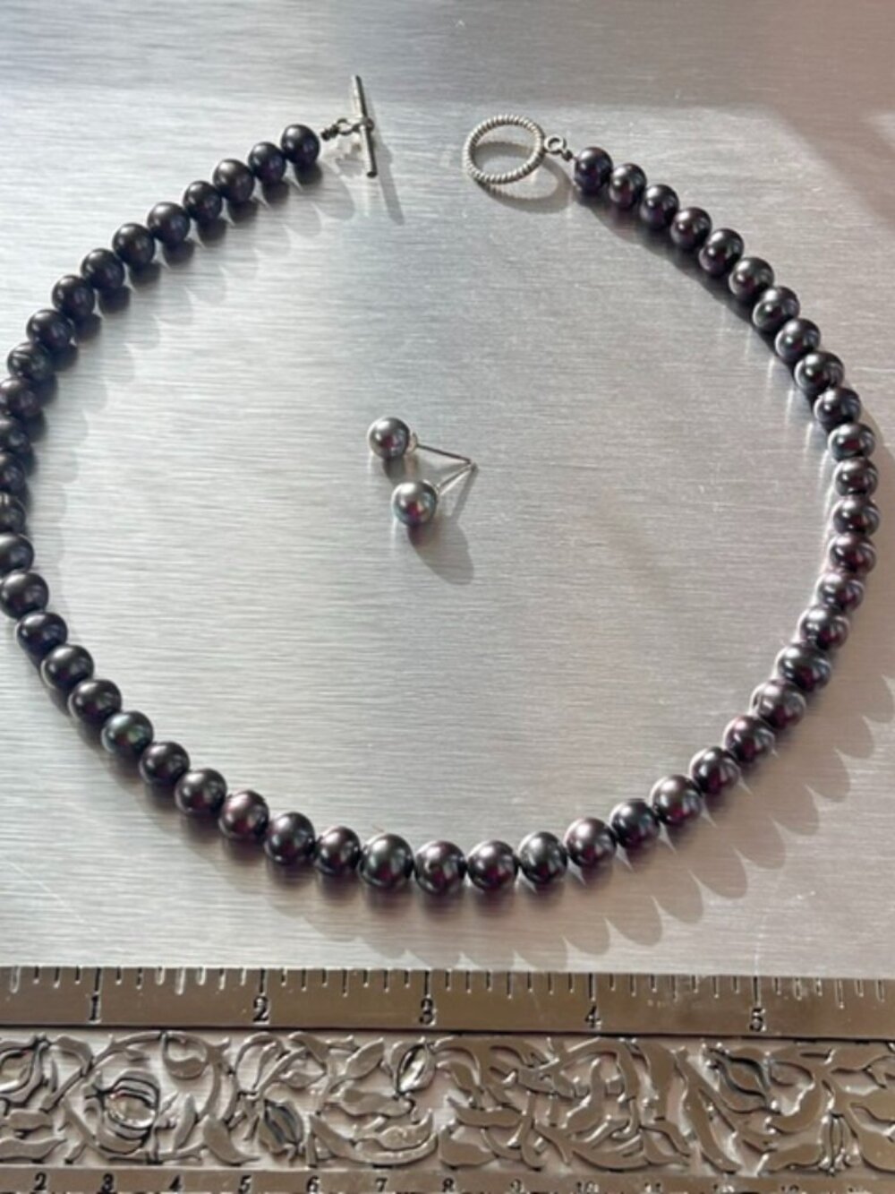 Tahitian Pearl Necklace, Fresh Water Black Pearls & Earrings